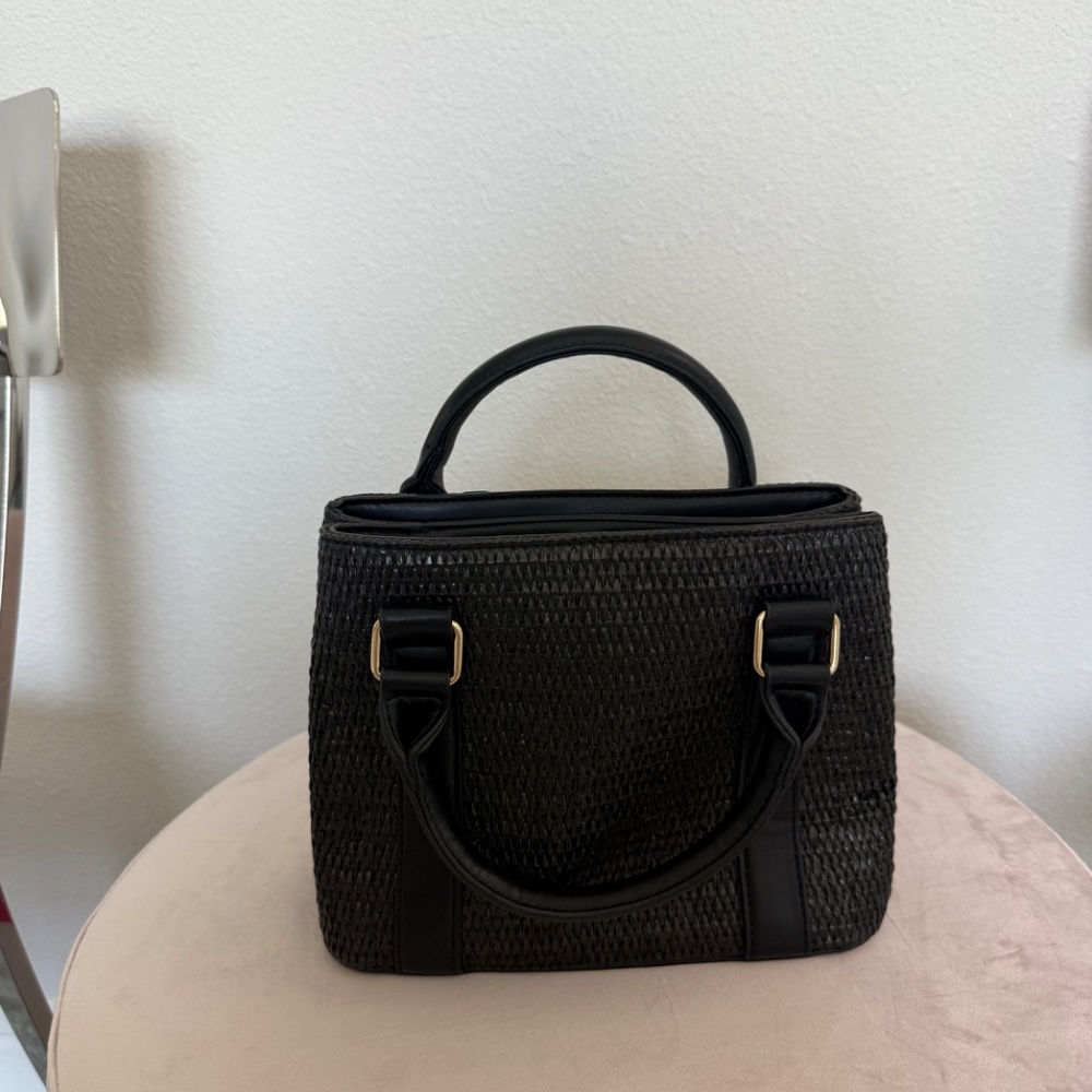 Black Woven Structured Top-Handle Satchel with Gold Hardware